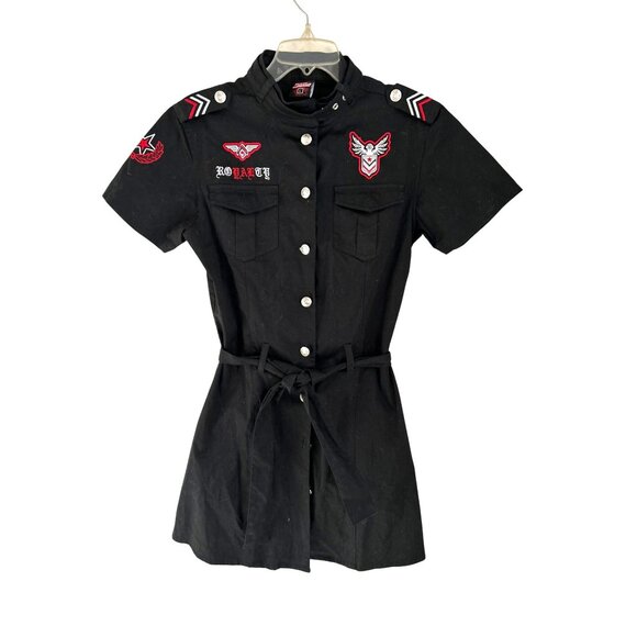 Raw Blue Womens Black Military-Inspired Shirt Dress With Red Embroidery Button F - Picture 1 of 9